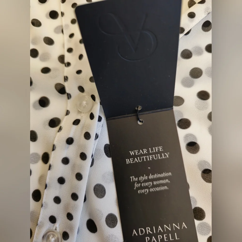 NWT Adrianna Papell Sheer Polka Dot Chiffon V Blouse Black White Size Large - Picture 14 of 17
